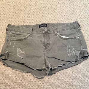 Express Olive Jean Shorts with Distressed Details